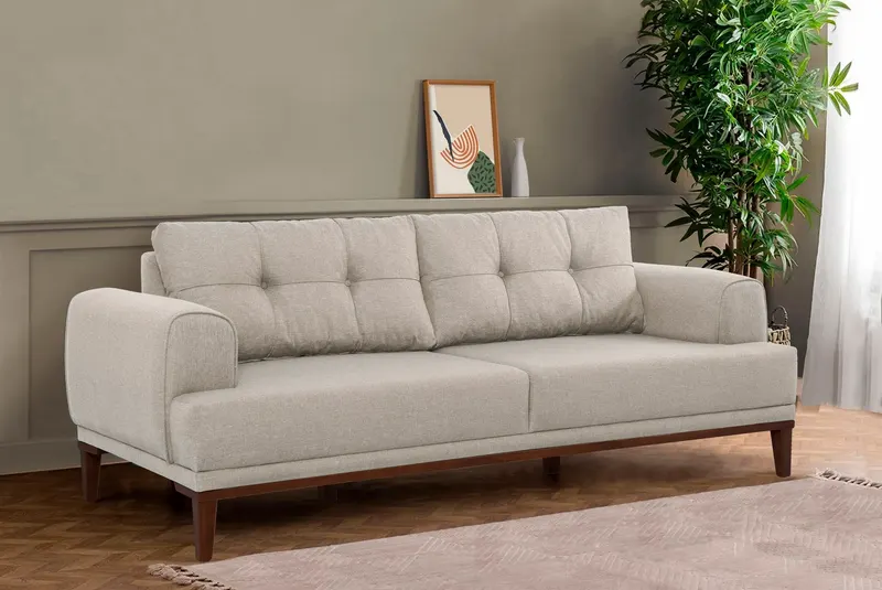 Canapea fixă 3 locuri Vina 3, Diverse culori, 223x94x82 cm - Crem - Nuc