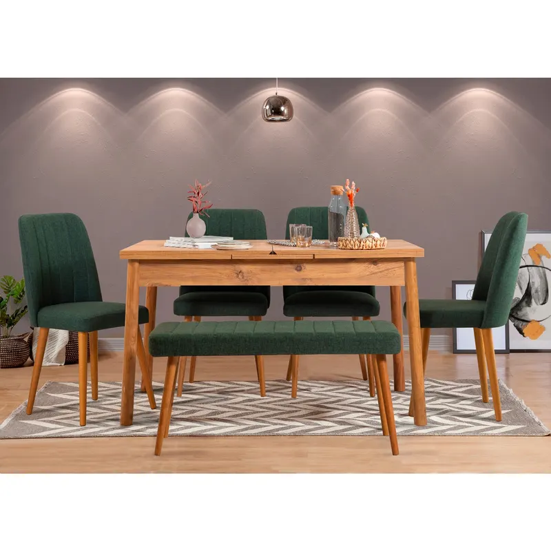 Masă extensibilă cu scaune Santiago, Diverse culori, Diverse configurații, 120x75x77 cm - Pin atlantic - Verde / 6 bucăți