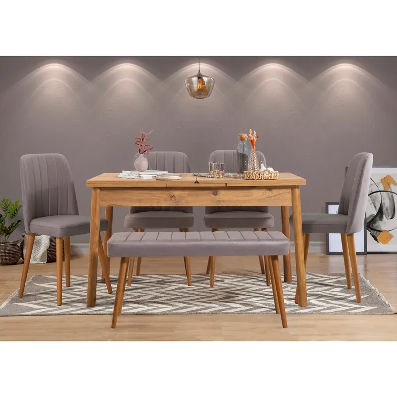 Masă extensibilă cu scaune Santiago, Diverse culori, Diverse configurații, 120x75x77 cm - Pin atlantic - Gri / 6 bucăți