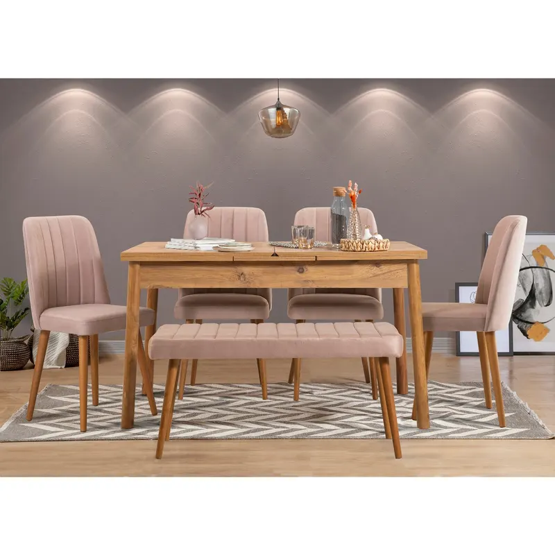 Masă extensibilă cu scaune Santiago, Diverse culori, Diverse configurații, 120x75x77 cm - Pin atlantic - Piatră / 6 bucăți