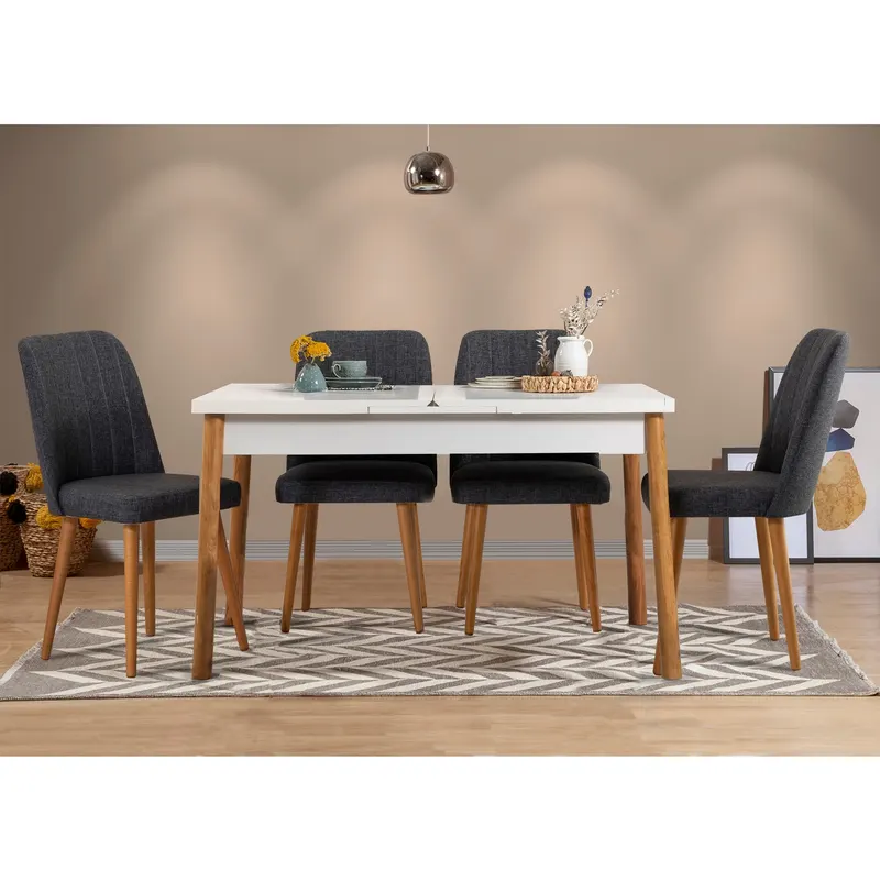 Masă extensibilă cu scaune Santiago, Diverse culori, Diverse configurații, 120x75x77 cm - Pin atlantic - Alb - Antracit / 5 bucăți