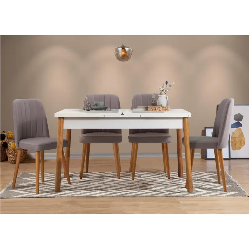 Masă extensibilă cu scaune Santiago, Diverse culori, Diverse configurații, 120x75x77 cm - Pin atlantic - Alb - Gri / 5 bucăți