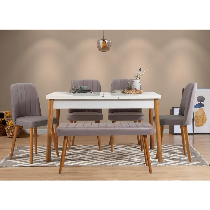 Masă extensibilă cu scaune Santiago, Diverse culori, Diverse configurații, 120x75x77 cm - Pin atlantic - Alb - Gri / 6 bucăți