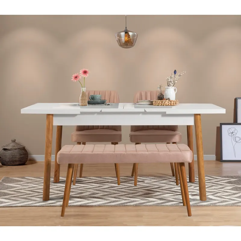 Masă extensibilă cu scaune Santiago, Diverse culori, Diverse configurații, 120x75x77 cm - Pin atlantic - Alb - Piatră / 4 bucăți