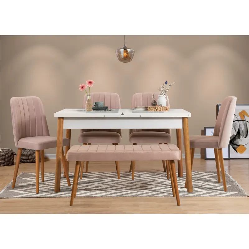 Masă extensibilă cu scaune Santiago, Diverse culori, Diverse configurații, 120x75x77 cm - Pin atlantic - Alb - Piatră / 6 bucăți