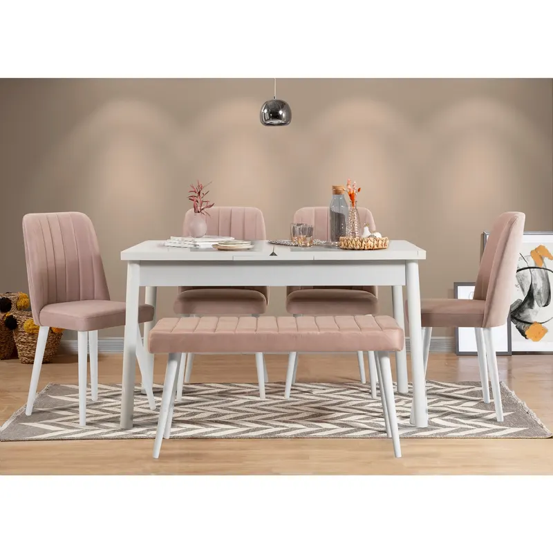 Masă extensibilă cu scaune Santiago, Diverse culori, Diverse configurații, 120x75x77 cm - Alb - Piatră / 6 bucăți