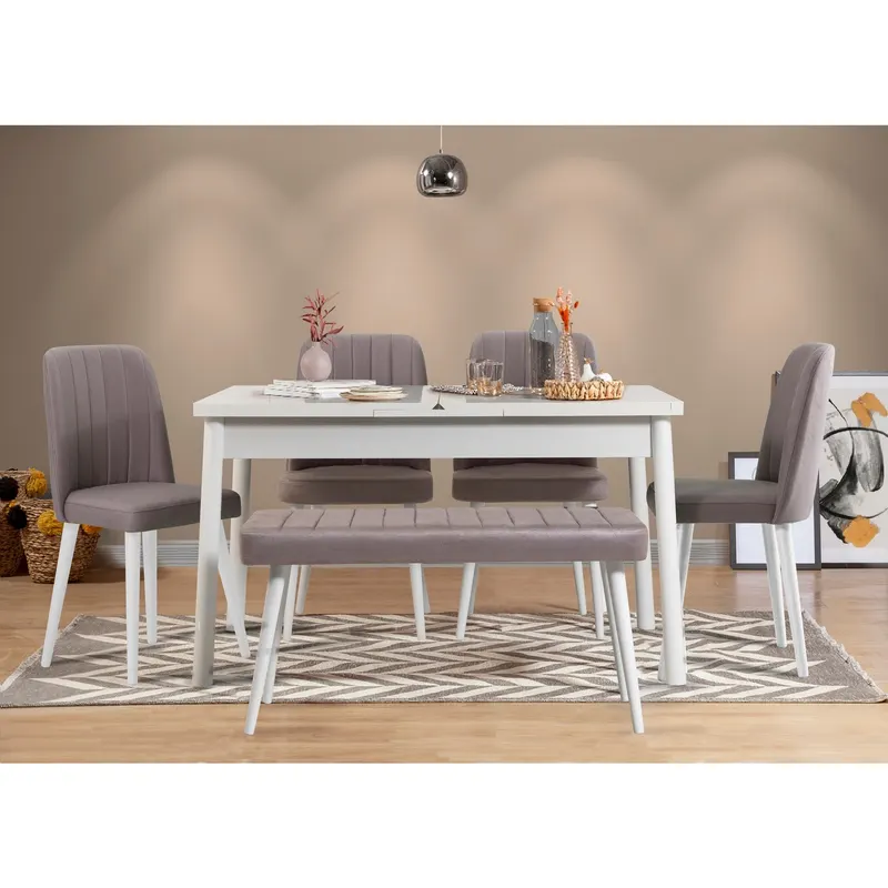 Masă extensibilă cu scaune Santiago, Diverse culori, Diverse configurații, 120x75x77 cm - Alb - Gri / 6 bucăți