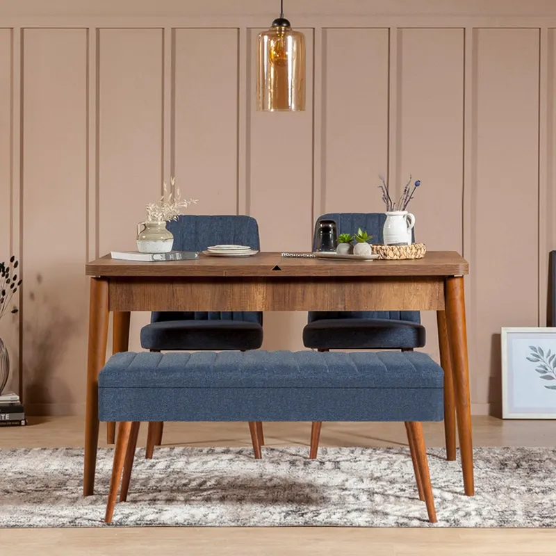 Masă extensibilă cu scaune 4 bucăți Vina 1048 - 3, Diverse culori, 129x80x75 cm - Nuc - Albastru închis