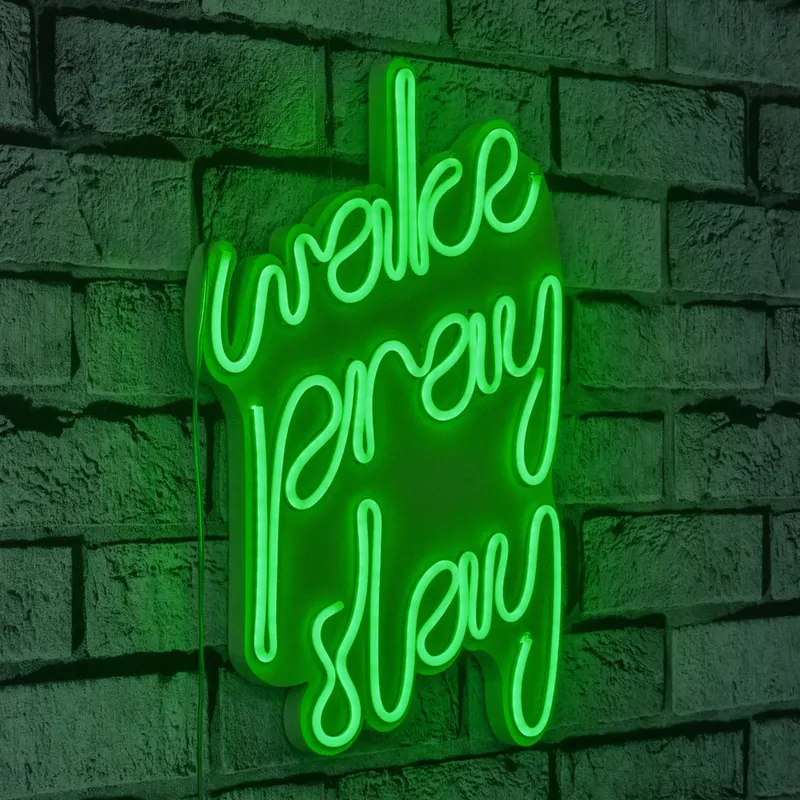 Lampă neon Wake Pray Slay, Diverse culori, 26x38x2 cm - Verde
