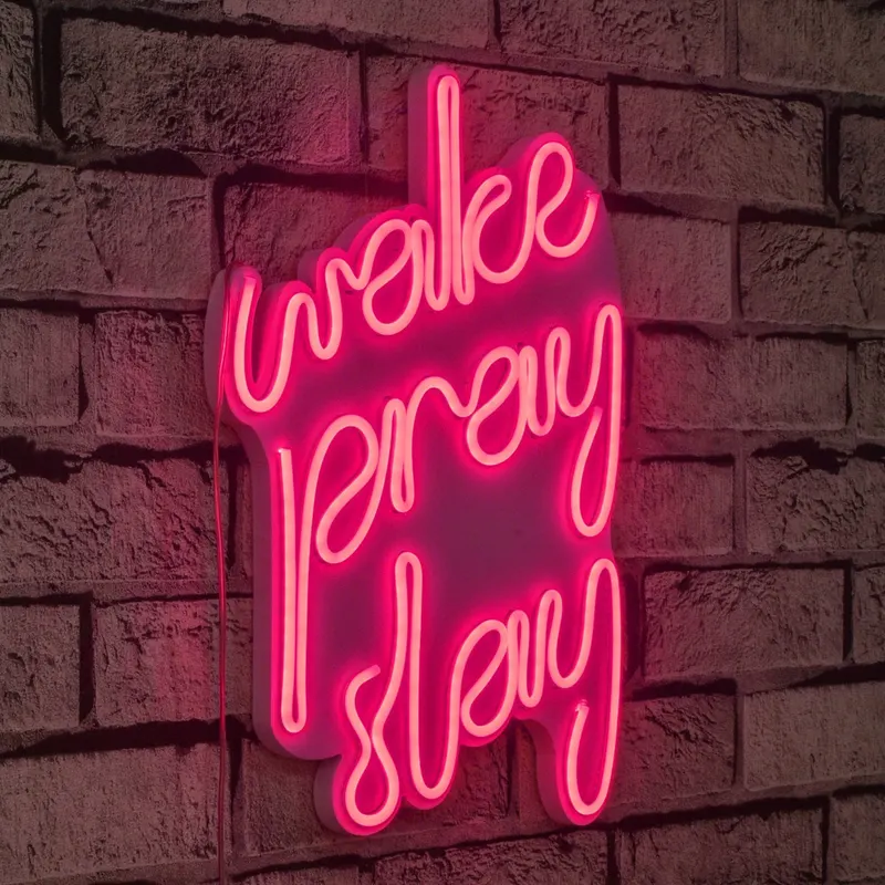 Lampă neon Wake Pray Slay, Diverse culori, 26x38x2 cm - Roz
