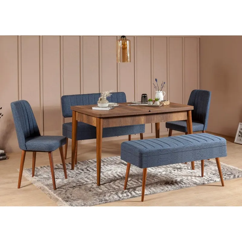 Masă extensibilă cu scaune 5 bucăți Vina 1048 - 4, Diverse culori, 129x80x75 cm - Nuc - Albastru închis