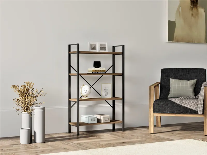 Bibliotecă Mina, Diverse culori, 60x24x100 cm - Nuc - Negru