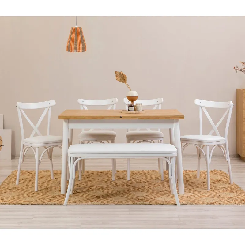 Masă extensibilă cu scaune Oliver Açl.alb Karina, Alb, Diverse configurații, 120x75x77 cm - 6 bucăți