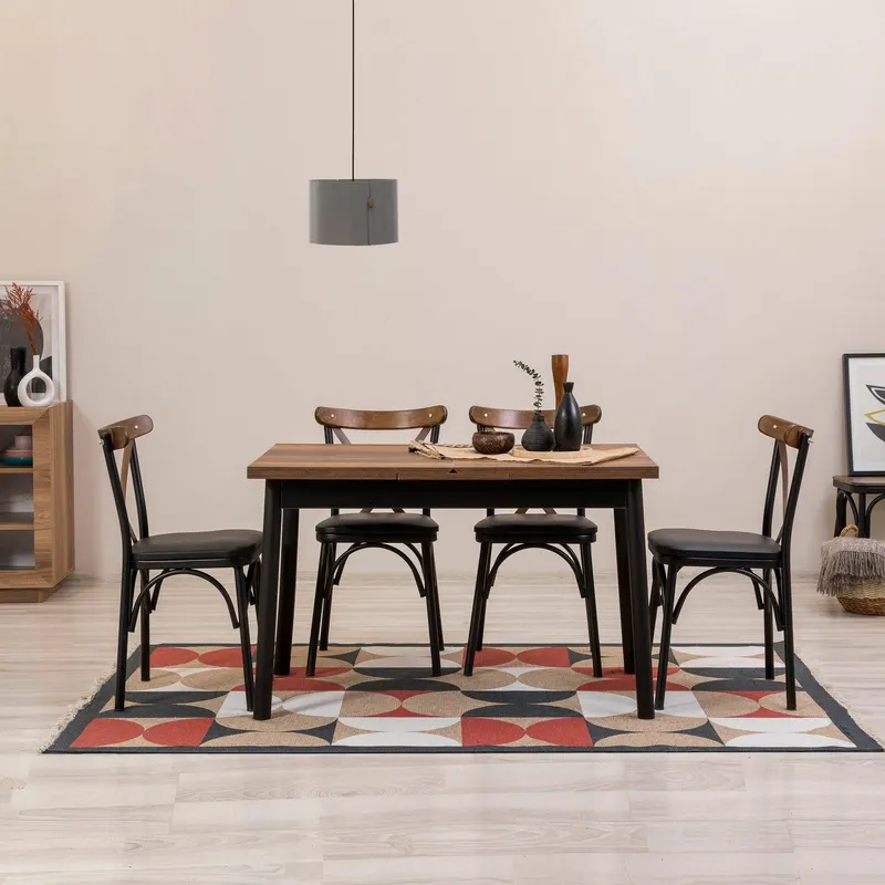 Masă extensibilă cu scaune Oliver Açl.Barok, Negru, Diverse configurații, 120x75x77 cm - 5 bucăți