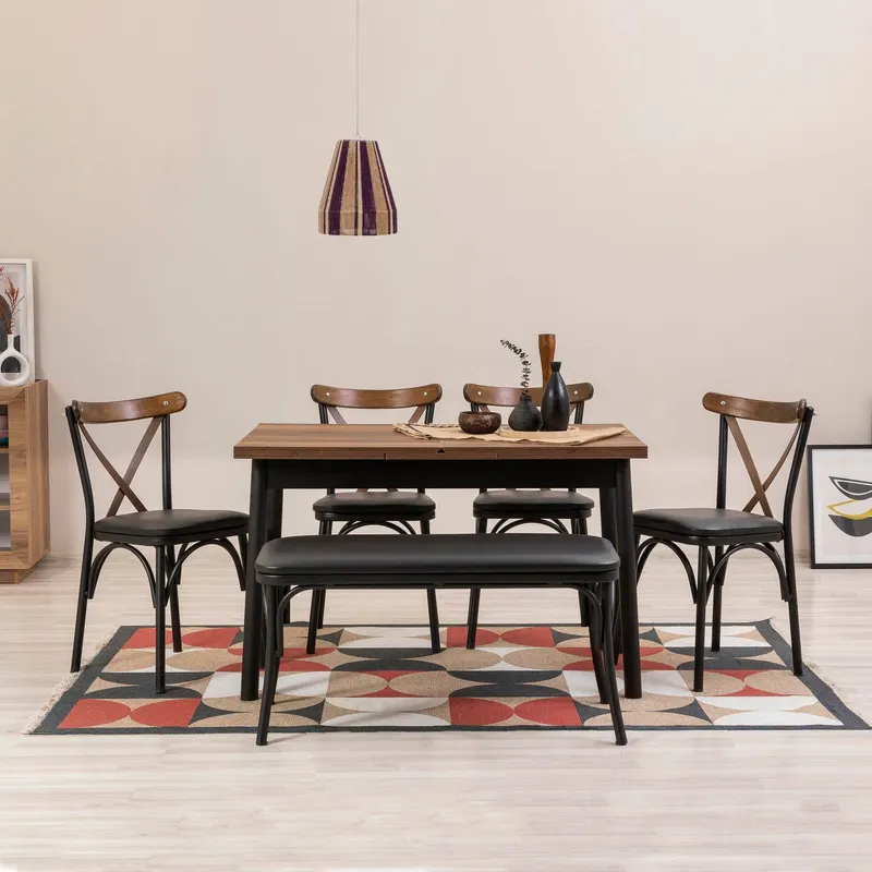 Masă extensibilă cu scaune Oliver Açl.Barok, Negru, Diverse configurații, 120x75x77 cm - 6 bucăți
