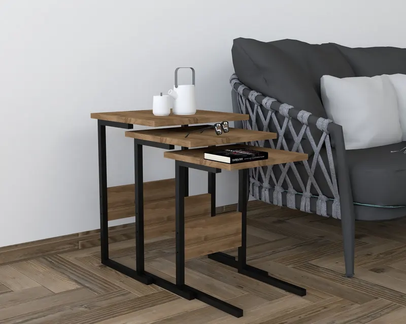 Set 3 măsuțe de cafea Sali, Diverse culori, 40x40x55 cm - Negru - Nuc