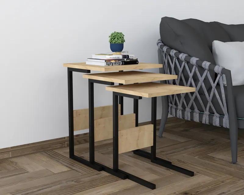 Set 3 măsuțe de cafea Sali, Diverse culori, 40x40x55 cm - Negru - Stejar safir