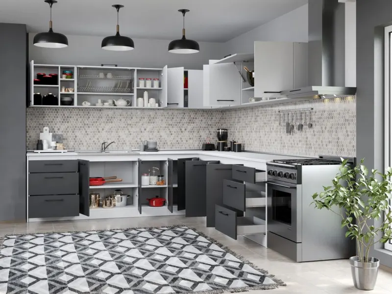 Set Mobila Bucatarie Colt Mina Dual 280*280 Gri Antracit/Alb C118 — imaginea 2