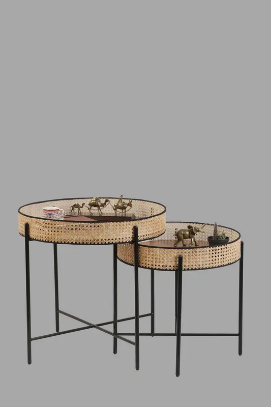 Set de măsuțe de cafea Kolezyum, Diverse culori, Diverse configurații, Ø45x40 cm - Negru - Natur / 2 bucăți