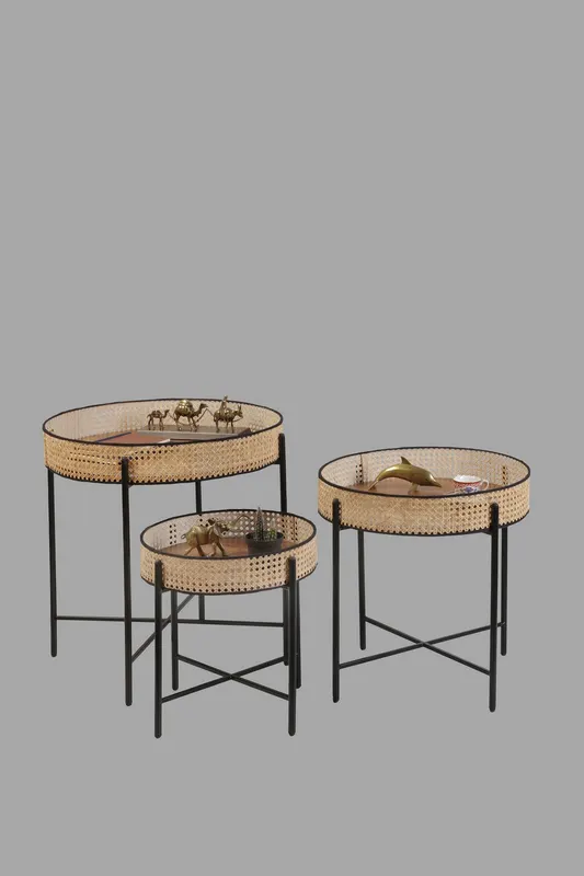 Set de măsuțe de cafea Kolezyum, Diverse culori, Diverse configurații, Ø45x40 cm - Negru - Natur / 3 bucăți