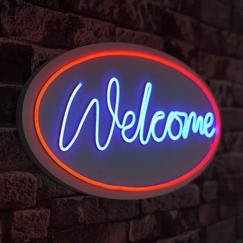 Lampă neon Welcome, Diverse culori, 29x58x2 cm - Roșu - Albastru