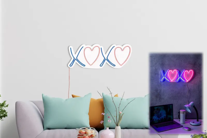 Lampă neon Tic Tac Toe XoXo, Diverse culori, 18x46x2 cm - Roz - Albastru