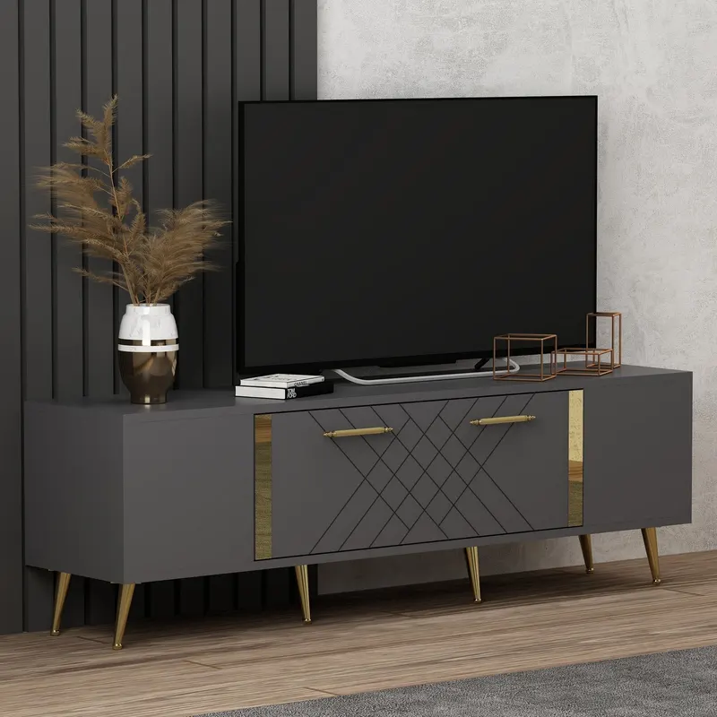 Comodă TV Detas, Diverse culori, 150x35x48 cm - Antracit - Auriu
