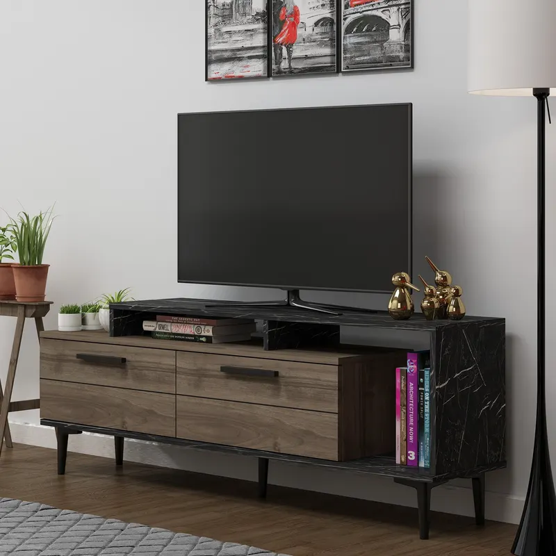Comodă TV Niva, Diverse culori, 150x31x54 cm - Nuc - Black marble