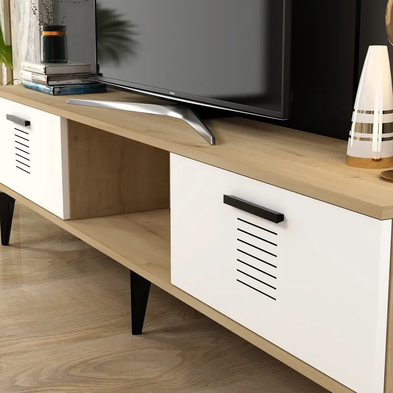 Comodă TV Asimo, Diverse culori, 150x30x45 cm - Stejar safir - Alb