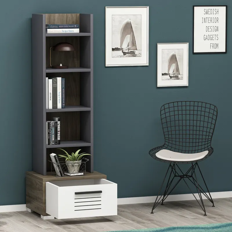 Bibliotecă Dawn, Diverse culori, 35x26x152 cm - Nuc - Alb - Antracit