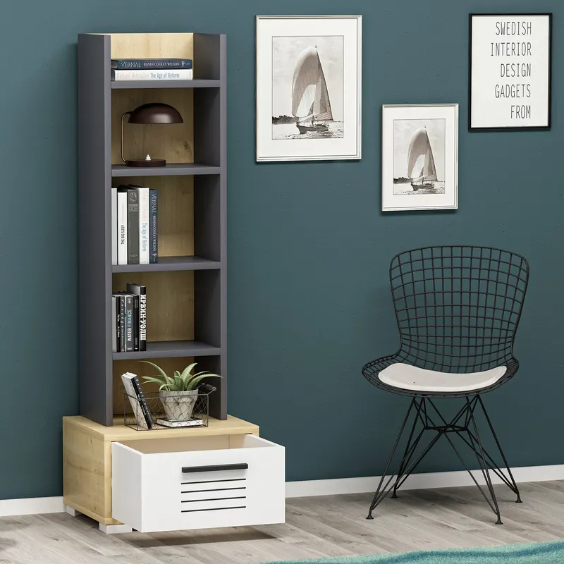 Bibliotecă Dawn, Diverse culori, 35x26x152 cm - Stejar safir - Alb - Antracit