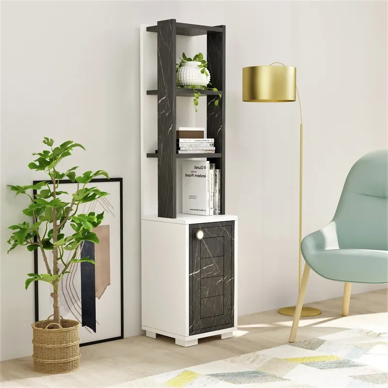 Bibliotecă Anka, Diverse culori, 30x22x135 cm - Alb - Black marble