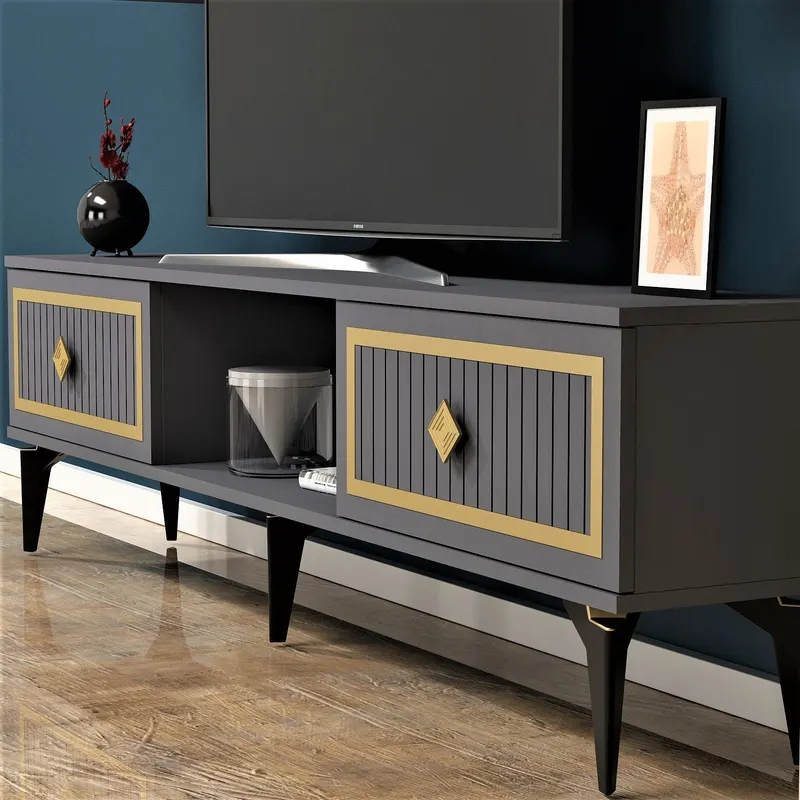 Comodă TV Nil, Diverse culori, 150x30x45 cm - Antracit - Auriu