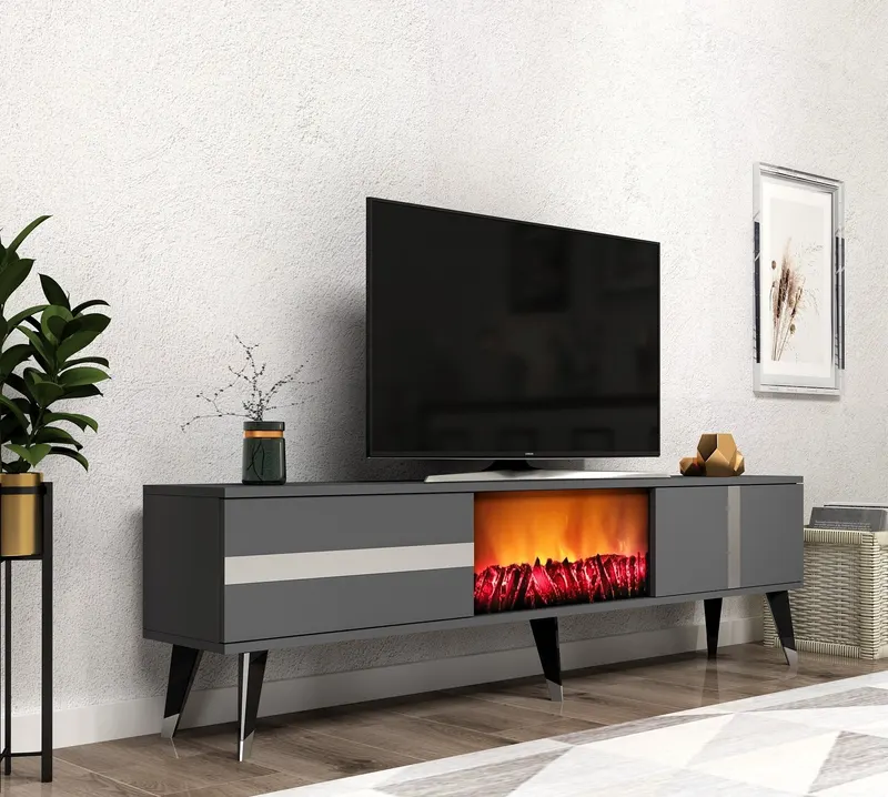 Comodă TV Vania Fireplace, Diverse culori, 150x30x50 cm - Antracit - Argintiu