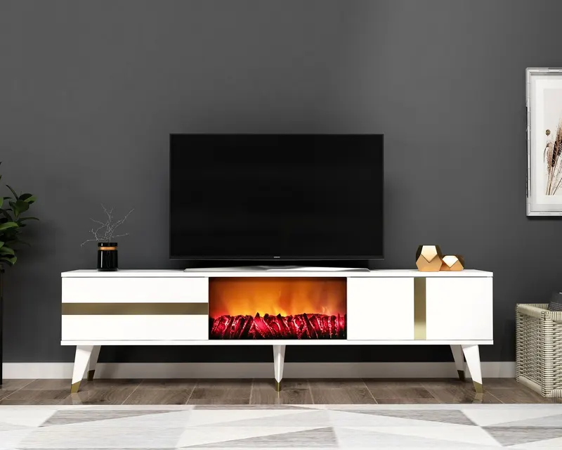 Comodă TV Vania Fireplace, Diverse culori, 150x30x50 cm - Alb - Auriu
