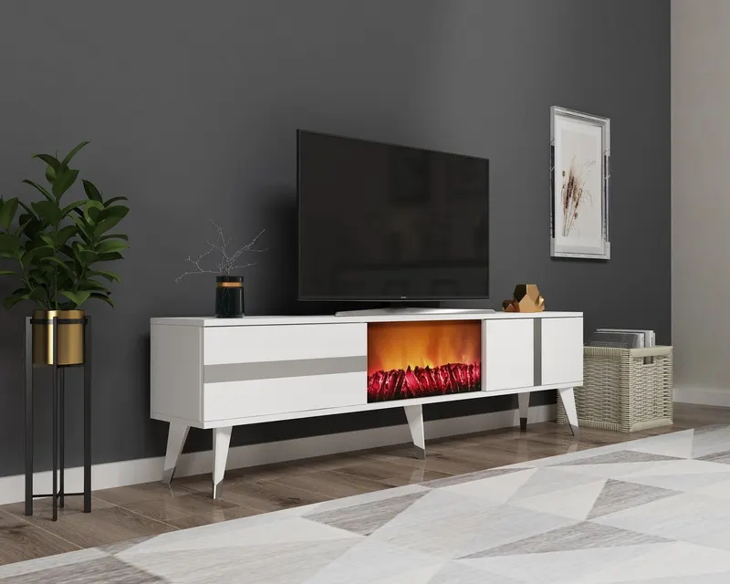 Comodă TV Vania Fireplace, Diverse culori, 150x30x50 cm - Alb - Argintiu