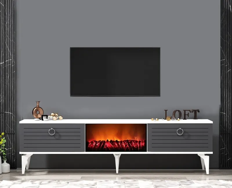 Comodă TV Arona Fireplace, Diverse culori, 150x30x45 cm - Alb - Antracit