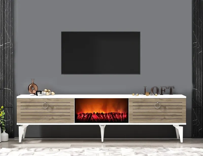 Comodă TV Arona Fireplace, Diverse culori, 150x30x45 cm - Alb - Nuc