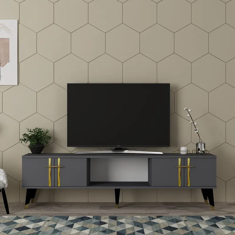 Comodă TV Asel, Diverse culori, 150x30x45 cm - Antracit - Auriu