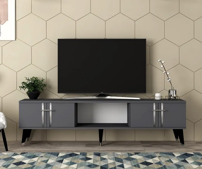Comodă TV Asel, Diverse culori, 150x30x45 cm - Antracit - Argintiu