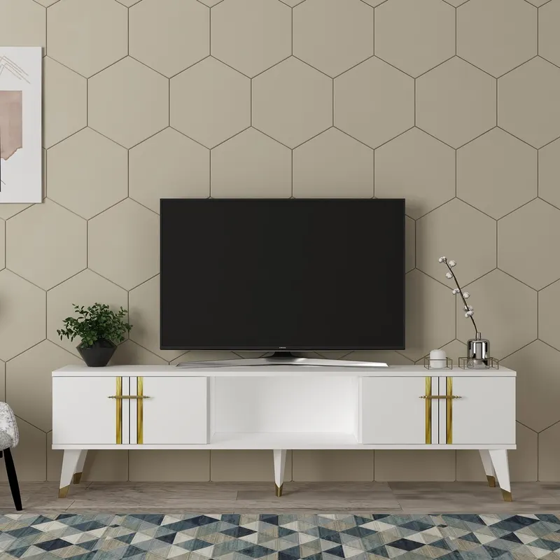 Comodă TV Asel, Diverse culori, 150x30x45 cm - Alb - Auriu