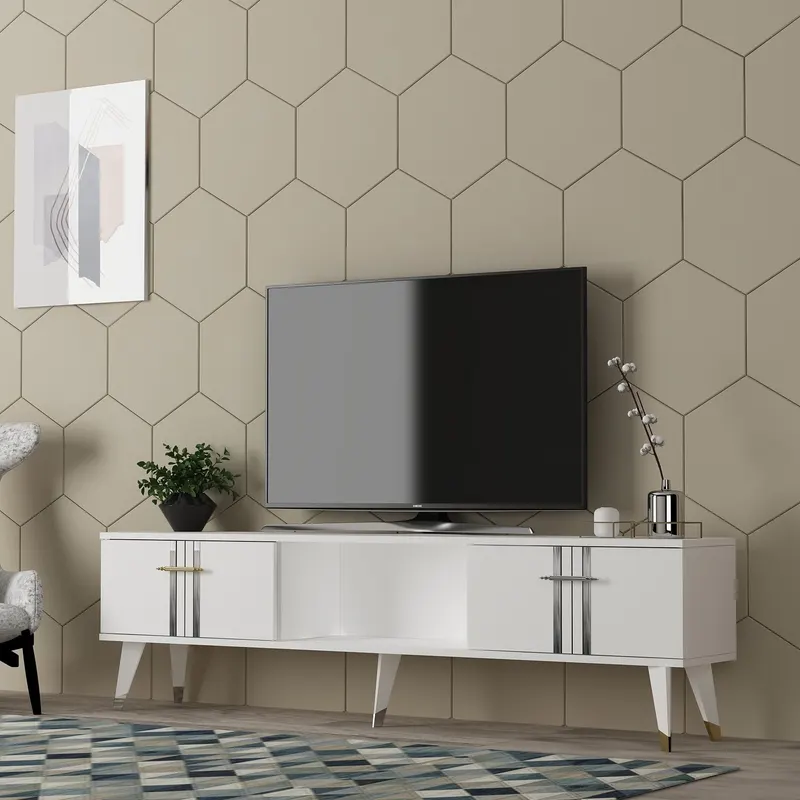 Comodă TV Asel, Diverse culori, 150x30x45 cm - Alb - Argintiu