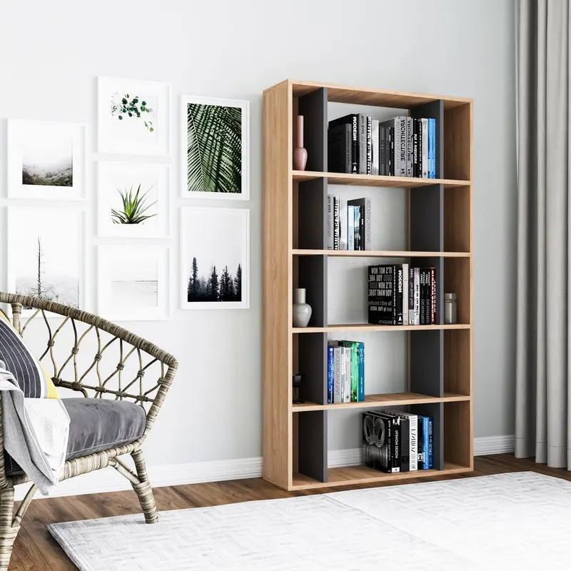 Bibliotecă Sanborn, Diverse culori, 90x25x164 cm - Stejar - Antracit