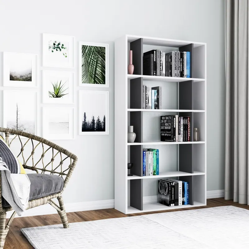 Bibliotecă Sanborn, Diverse culori, 90x25x164 cm - Alb - Antracit