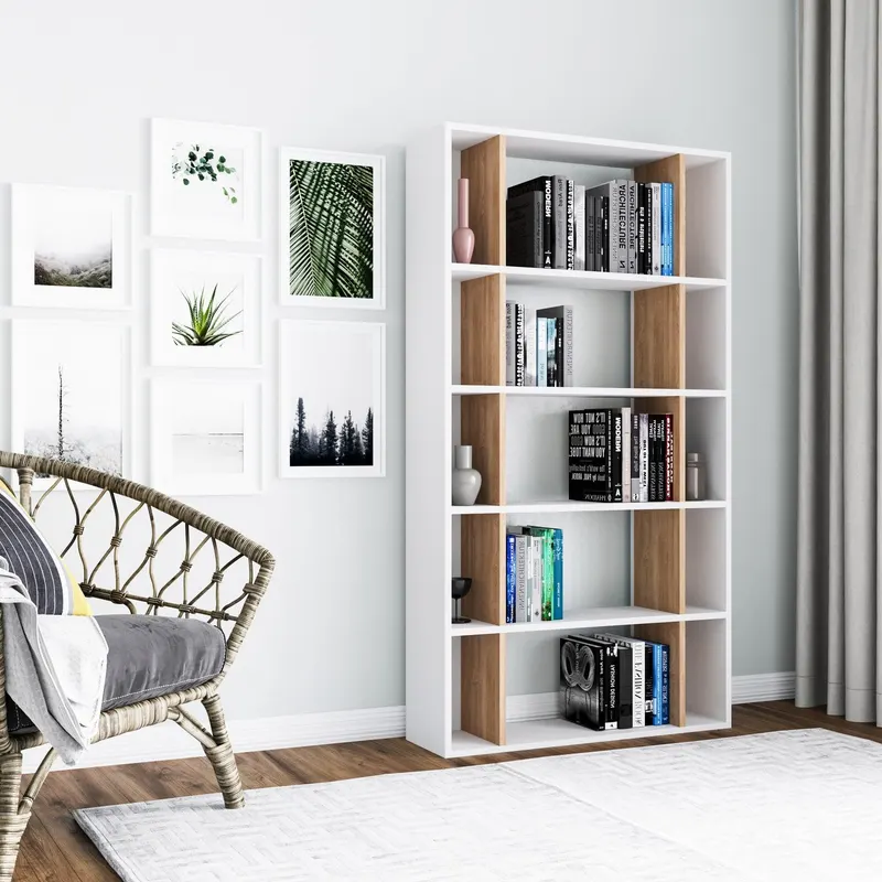 Bibliotecă Sanborn, Diverse culori, 90x25x164 cm - Alb - Stejar