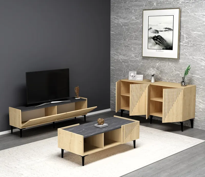 Set mobilă pentru sufragerie Draw, Diverse culori - Stejar safir - Negru