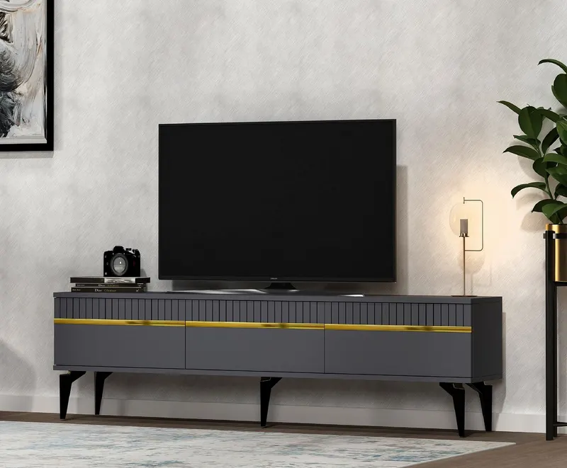 Comodă TV Defne, Diverse culori, 180x30x45 cm - Antracit - Auriu