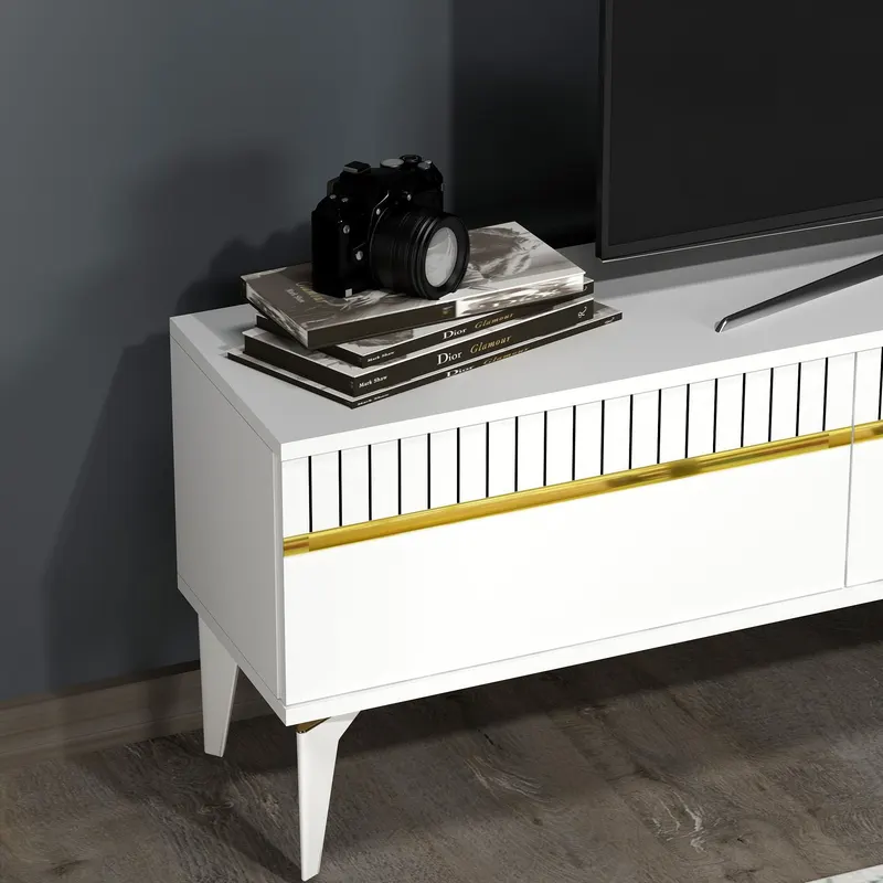 Comodă TV Defne, Diverse culori, 180x30x45 cm - Alb - Auriu