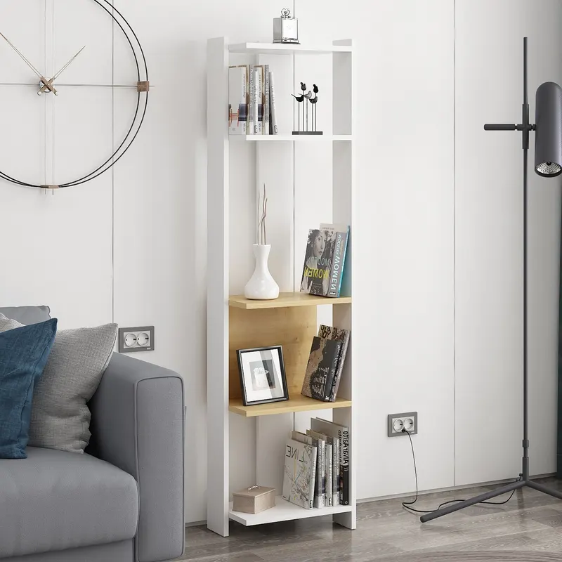 Bibliotecă Abis Narrow, Diverse culori, 44x27x165 cm - Alb - Stejar