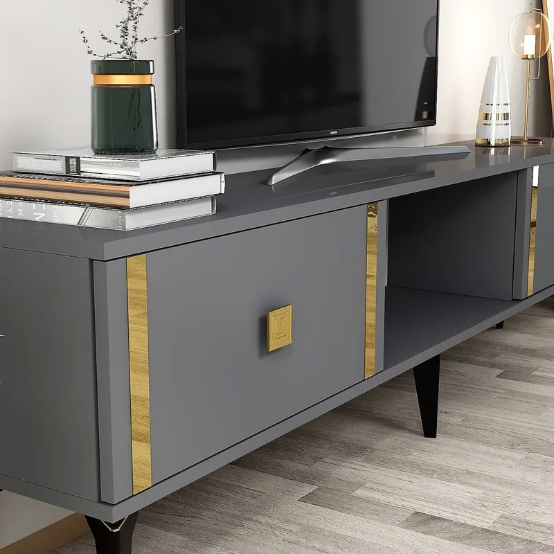 Comodă TV Doruk, Diverse culori, 150x30x45 cm - Antracit - Auriu
